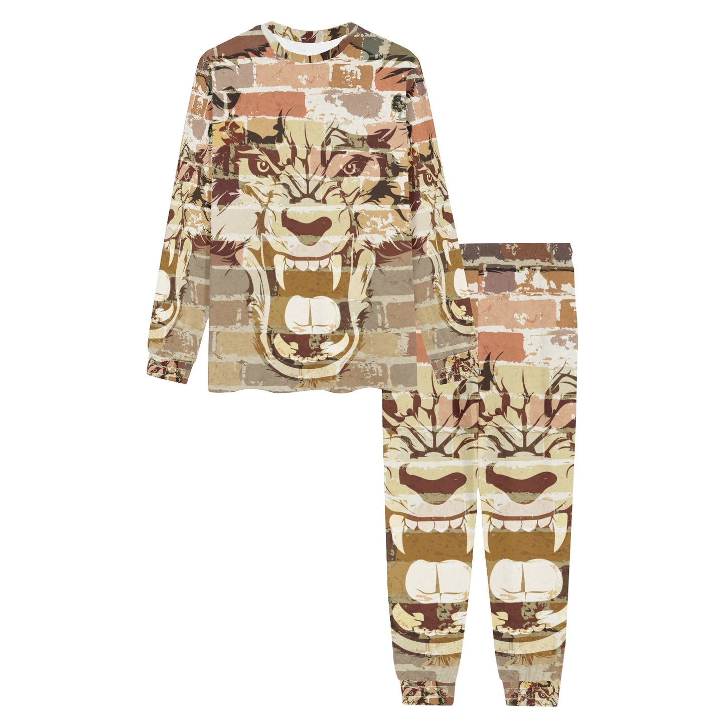 Stylish Brickwall Wolf Print Pajama Set with Custom Cuff