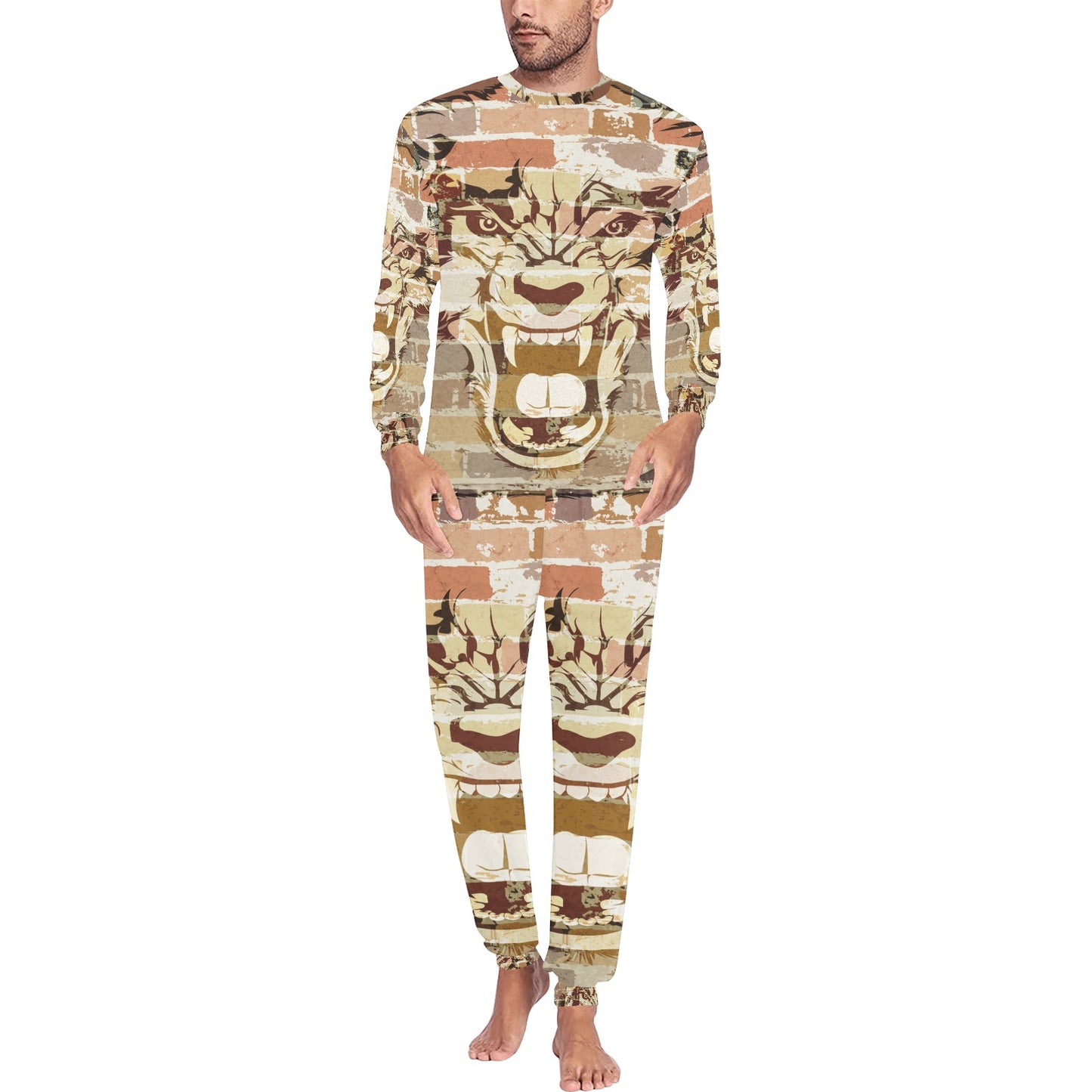 Stylish Brickwall Wolf Print Pajama Set with Custom Cuff