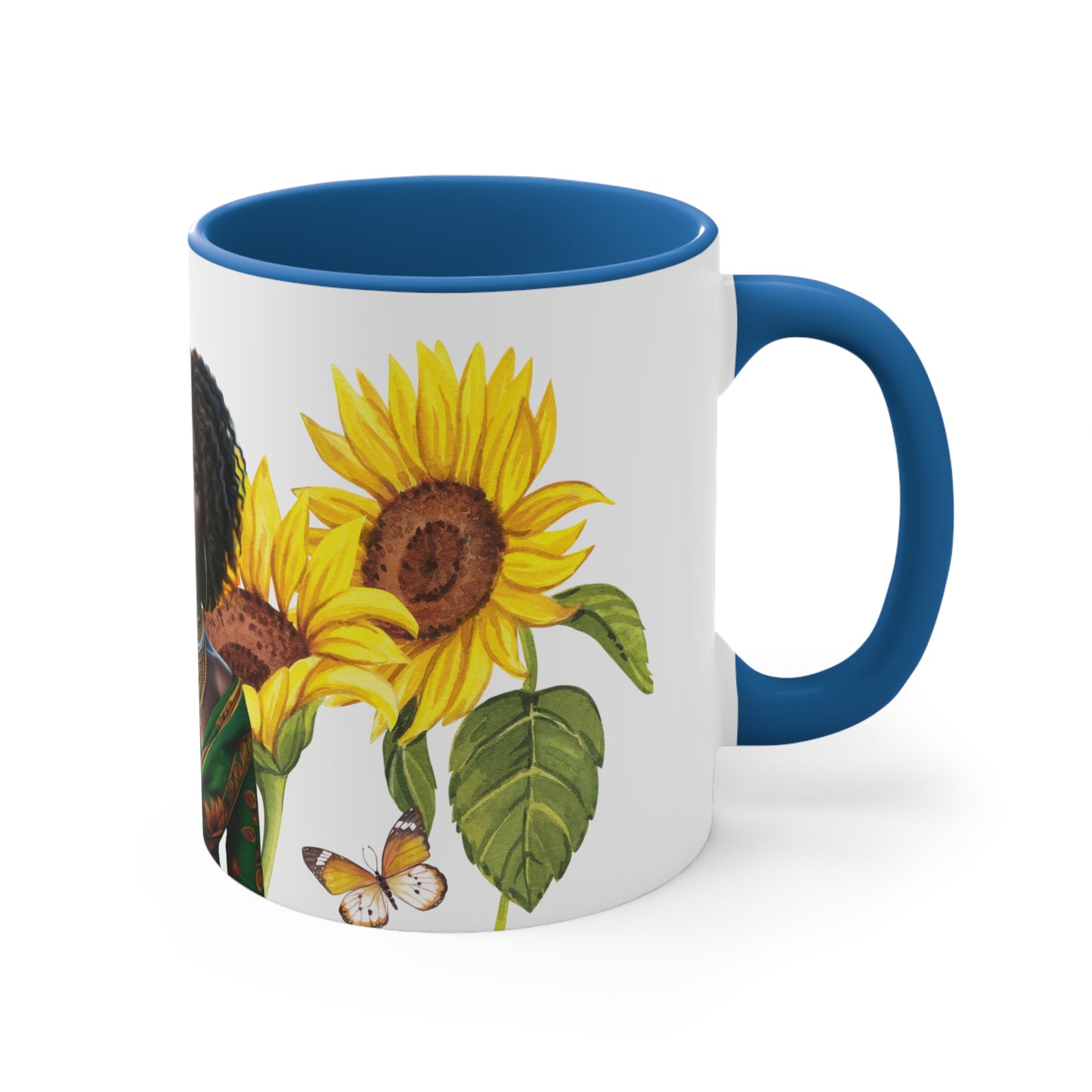 Add some color to your routine with this two-tone, beautiful Sunflower accent coffee mug. This 11oz mug features a beautiful African American women wearing her hair in twist. In addition an accented C-Handle that is comfortable to use, as well as an accented interior to add more contrast and character. White ceramic with colored interior and handle.: C-handle.: Eye-catching color contrast