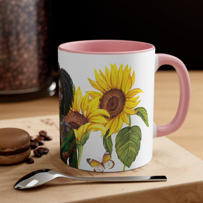 Add some color to your routine with this two-tone, beautiful Sunflower accent coffee mug. This 11oz mug features a beautiful African American women wearing her hair in twist. In addition an accented C-Handle that is comfortable to use, as well as an accented interior to add more contrast and character. White ceramic with colored interior and handle.: C-handle.: Eye-catching color contrast