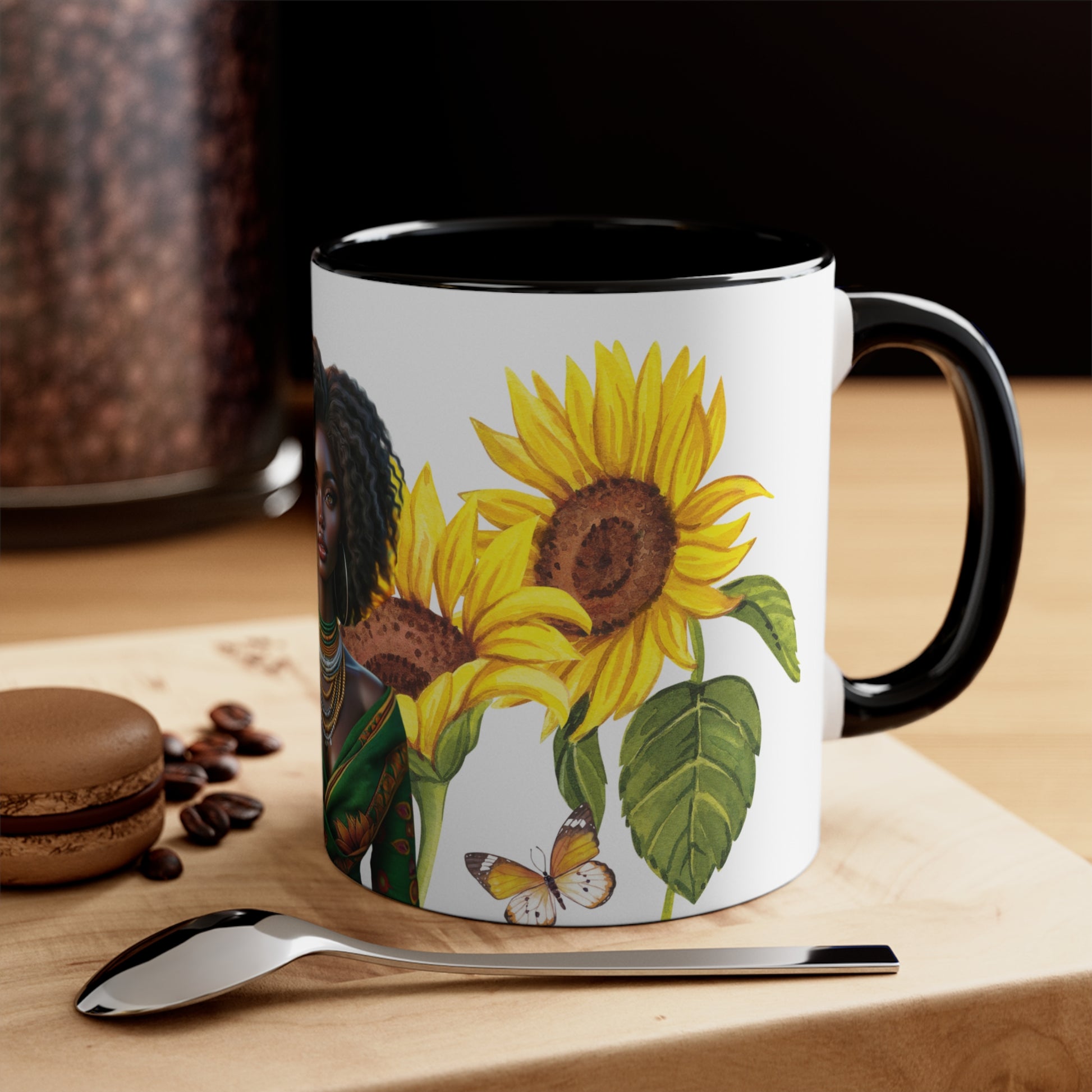 Add some color to your routine with this two-tone, beautiful Sunflower accent coffee mug. This 11oz mug features a beautiful African American women wearing her hair in twist. In addition an accented C-Handle that is comfortable to use, as well as an accented interior to add more contrast and character. White ceramic with colored interior and handle.: C-handle.: Eye-catching color contrast