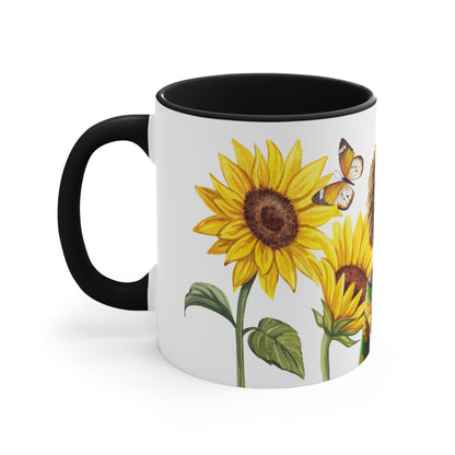 Add some color to your routine with this two-tone, beautiful Sunflower accent coffee mug. This 11oz mug features a beautiful African American women wearing her hair in twist. In addition an accented C-Handle that is comfortable to use, as well as an accented interior to add more contrast and character. White ceramic with colored interior and handle.: C-handle.: Eye-catching color contrast