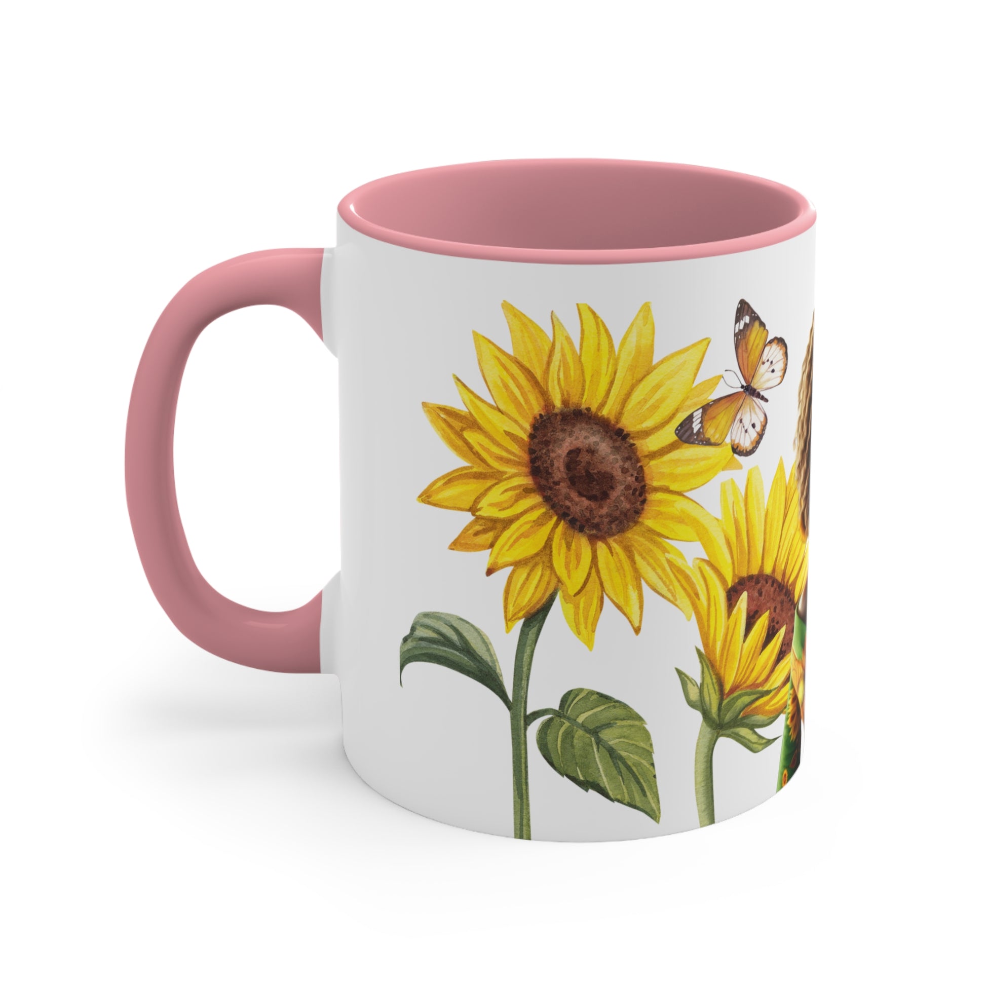 Add some color to your routine with this two-tone, beautiful Sunflower accent coffee mug. This 11oz mug features a beautiful African American women wearing her hair in twist. In addition an accented C-Handle that is comfortable to use, as well as an accented interior to add more contrast and character. White ceramic with colored interior and handle.: C-handle.: Eye-catching color contrast