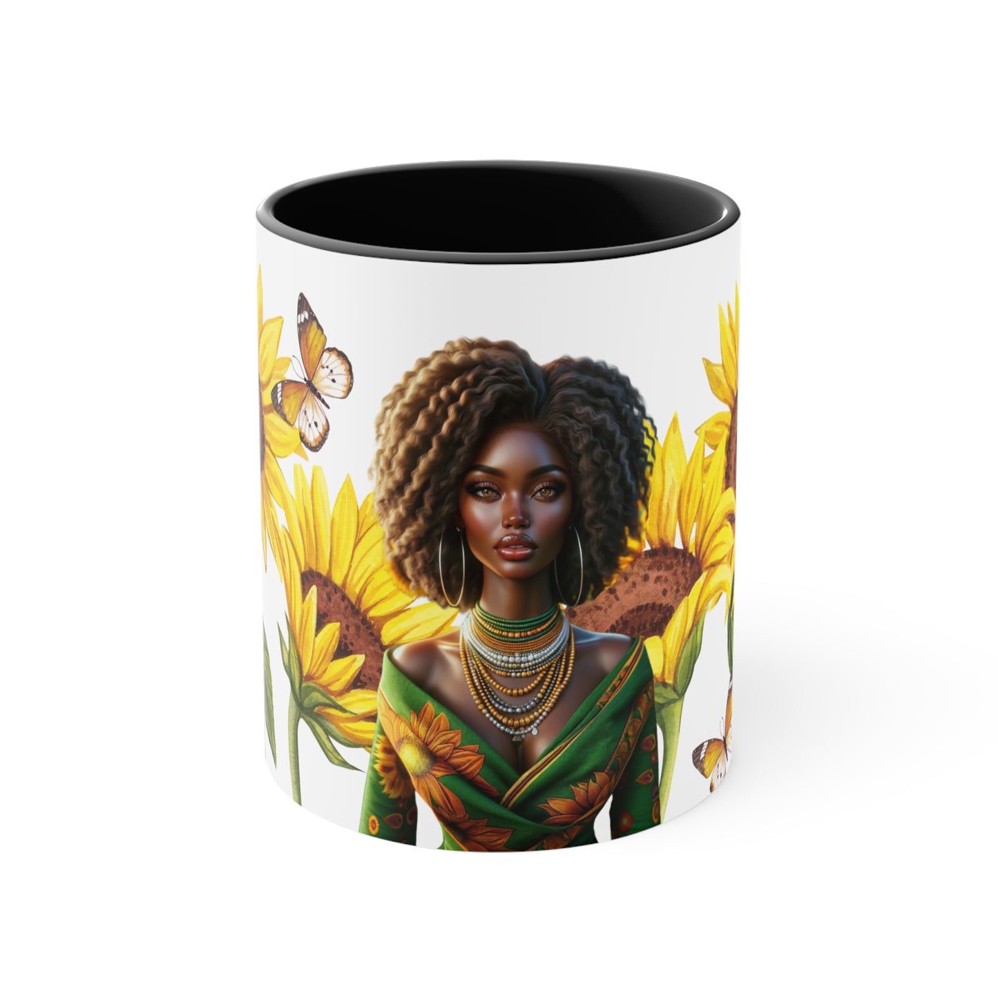 Add some color to your routine with this two-tone, beautiful Sunflower accent coffee mug. This 11oz mug features a beautiful African American women wearing her hair in twist. In addition an accented C-Handle that is comfortable to use, as well as an accented interior to add more contrast and character. White ceramic with colored interior and handle.: C-handle.: Eye-catching color contrast