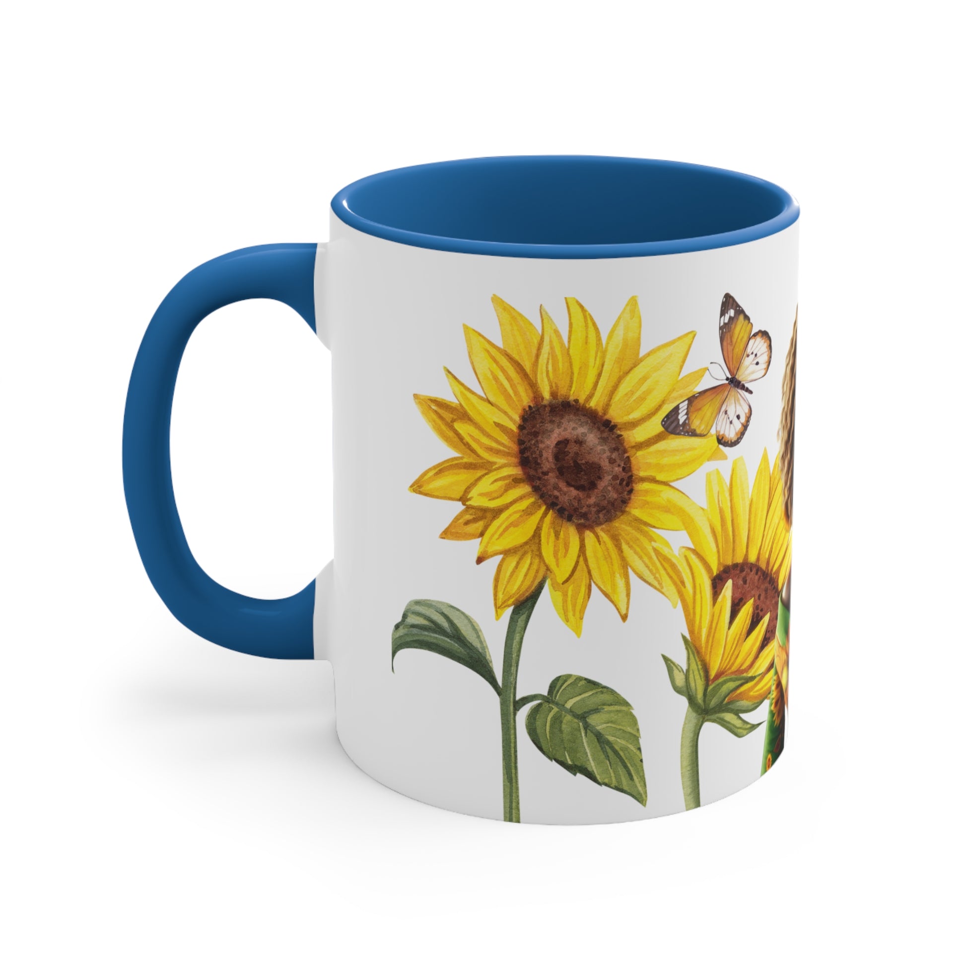 Add some color to your routine with this two-tone, beautiful Sunflower accent coffee mug. This 11oz mug features a beautiful African American women wearing her hair in twist. In addition an accented C-Handle that is comfortable to use, as well as an accented interior to add more contrast and character. White ceramic with colored interior and handle.: C-handle.: Eye-catching color contrast