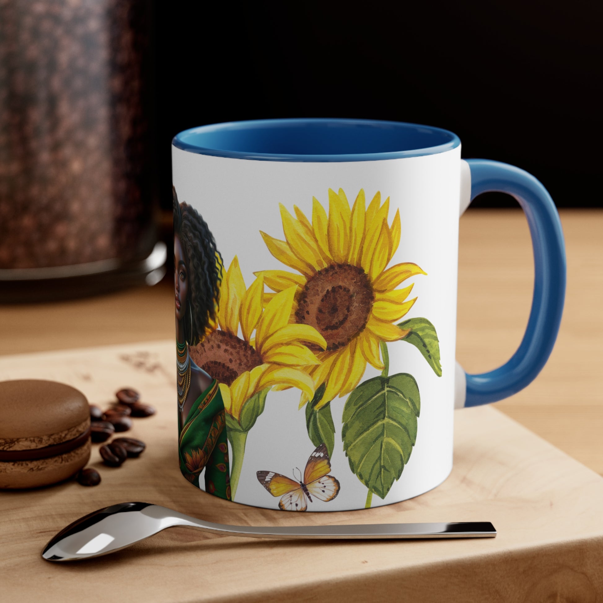 Add some color to your routine with this two-tone, beautiful Sunflower accent coffee mug. This 11oz mug features a beautiful African American women wearing her hair in twist. In addition an accented C-Handle that is comfortable to use, as well as an accented interior to add more contrast and character. White ceramic with colored interior and handle.: C-handle.: Eye-catching color contrast