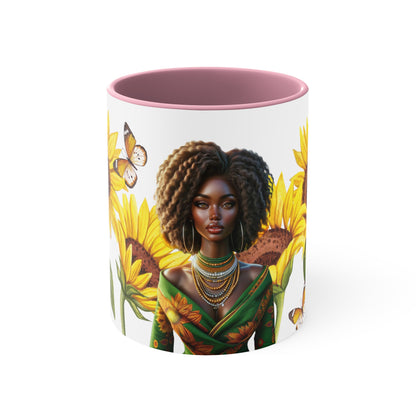 Add some color to your routine with this two-tone, beautiful Sunflower accent coffee mug. This 11oz mug features a beautiful African American women wearing her hair in twist. In addition an accented C-Handle that is comfortable to use, as well as an accented interior to add more contrast and character. White ceramic with colored interior and handle.: C-handle.: Eye-catching color contrast