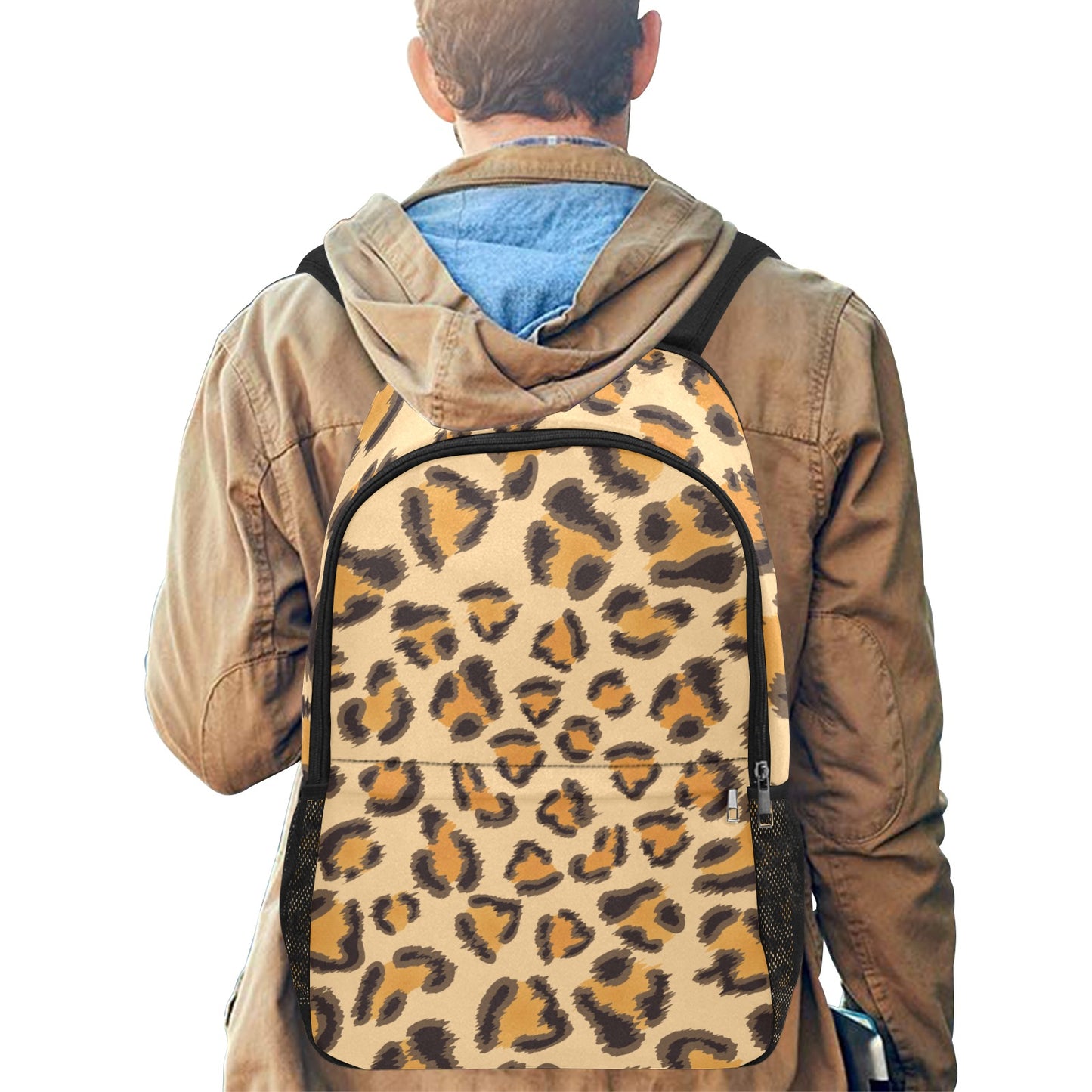 Leopard Pattern Backpack with Side Mesh Pockets