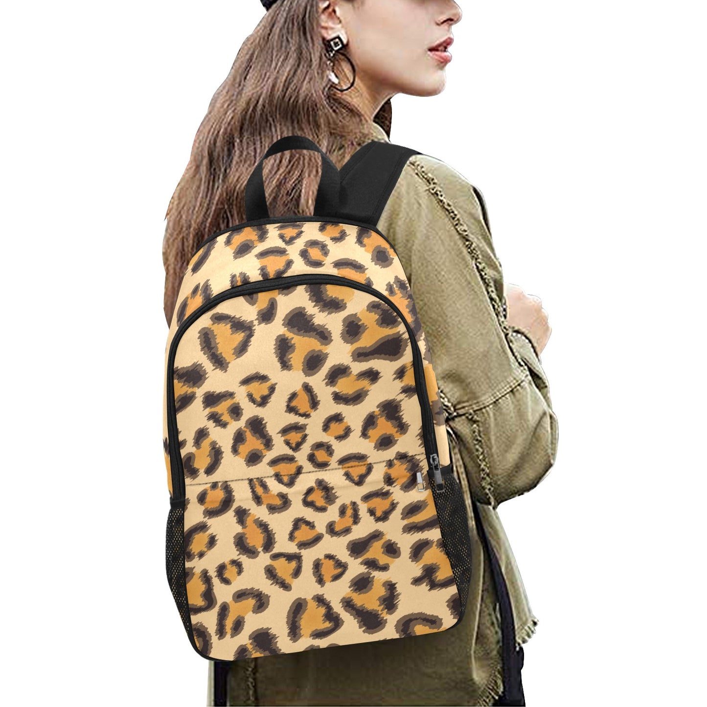 Leopard Pattern Backpack with Side Mesh Pockets